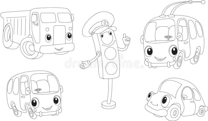 Car, lorry, bus, trolleybus and traffic lights. Coloring book