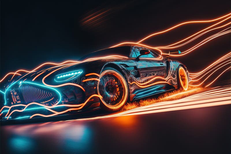 A Car with a Lot of Lights on it Driving Down a Road at Night with a Lot of Lights on it Stock