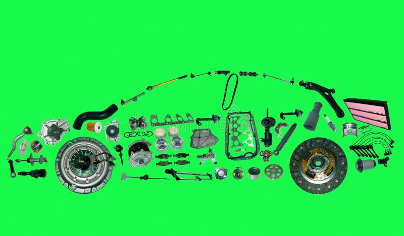 Car from lot of spare parts isolated on green background