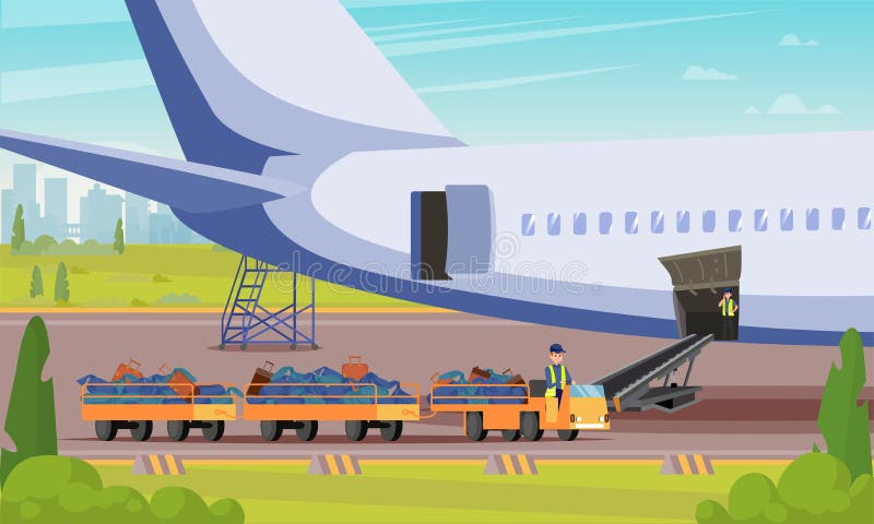 Car With Luggage Passengers Flat Illustration. Vector Airplane Background. Airport Attendants Brought Luggage to Baggage Tape that Will Immerse Aircraft before Intercontinental Flight.