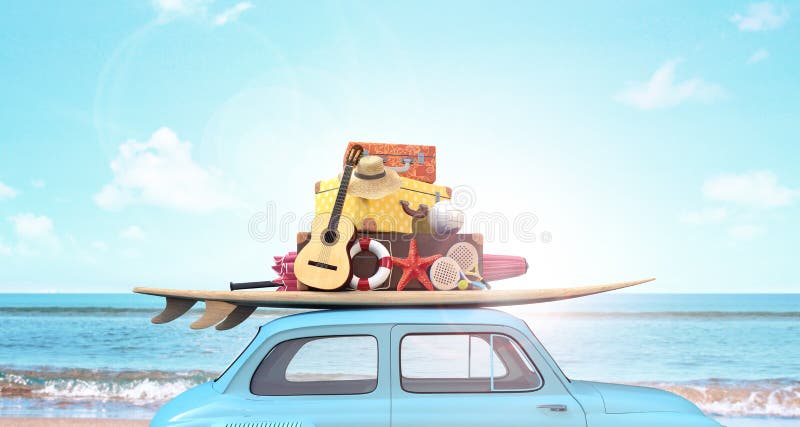 Auto con i bagagli sul tetto pronto per le vacanze estive di Rendering 3D.