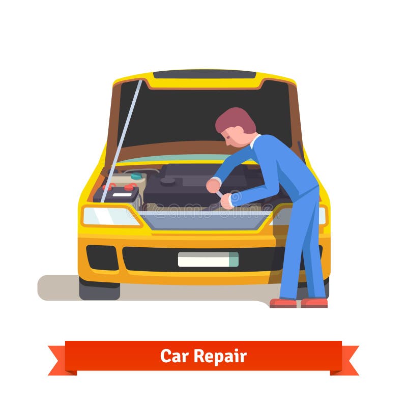 Car Mechanic Repairs Engine At Car Service Station Stock Vector