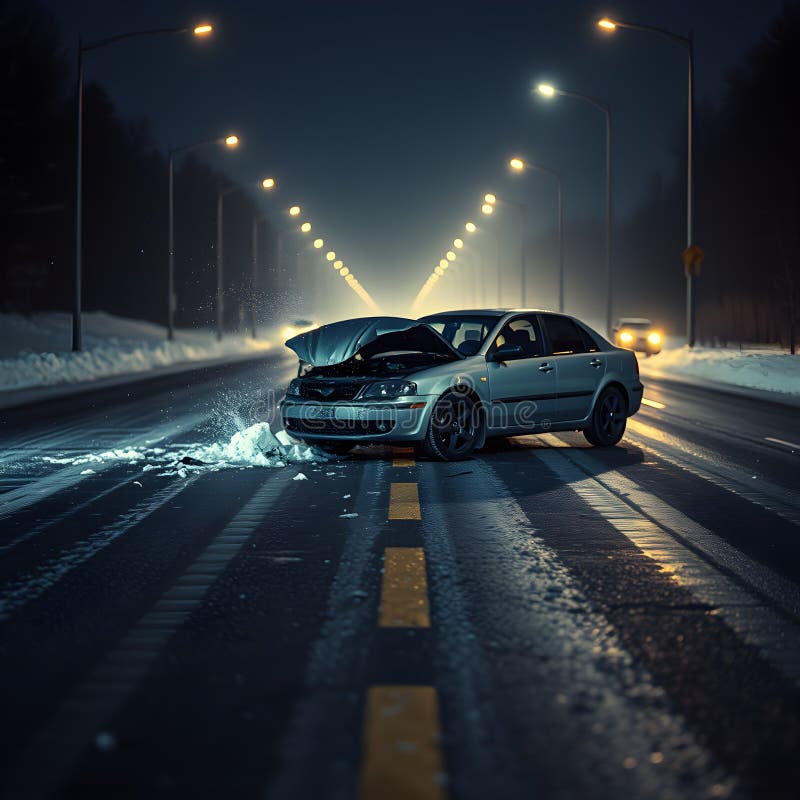 A car is in the middle of the road with its hood up stock illustration