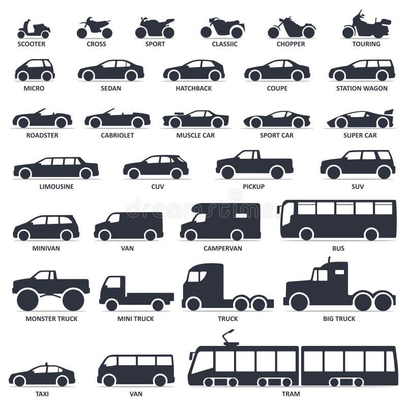 Car, motorcycle and public transport type icons set. Vector black illustration isolated on white background with shadow. Variants of model automobile and moto body silhouette for web with name. Car, motorcycle and public transport type icons set. Vector black illustration isolated on white background with shadow. Variants of model automobile and moto body silhouette for web with name.