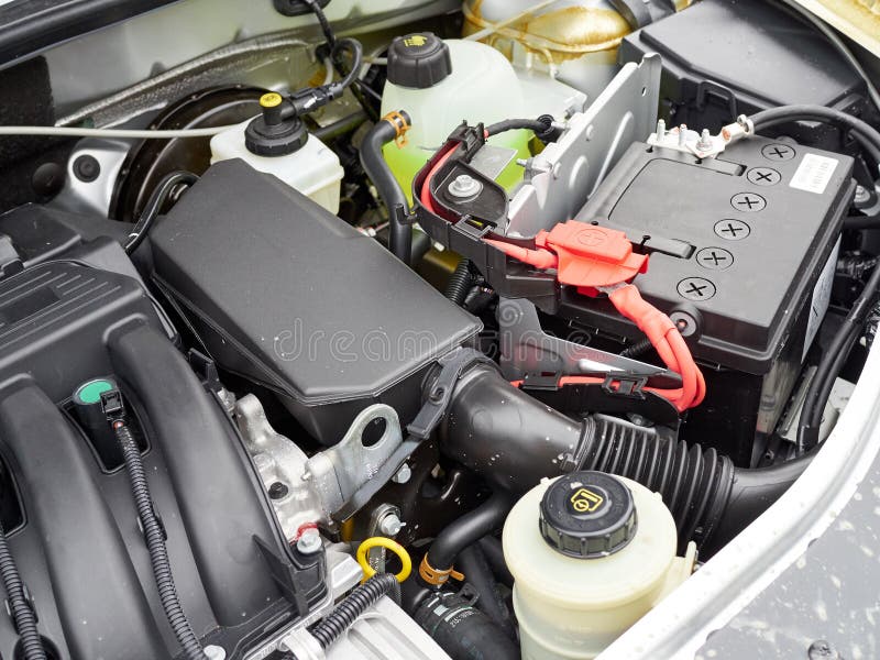 Car with open hood.Battery stock photo. Image of interior 67931480