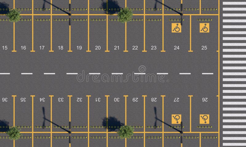 Car parking lot with road markings and numbering parking spaces. Empty parking with a pedestrian crossing. Top view. 3D render.