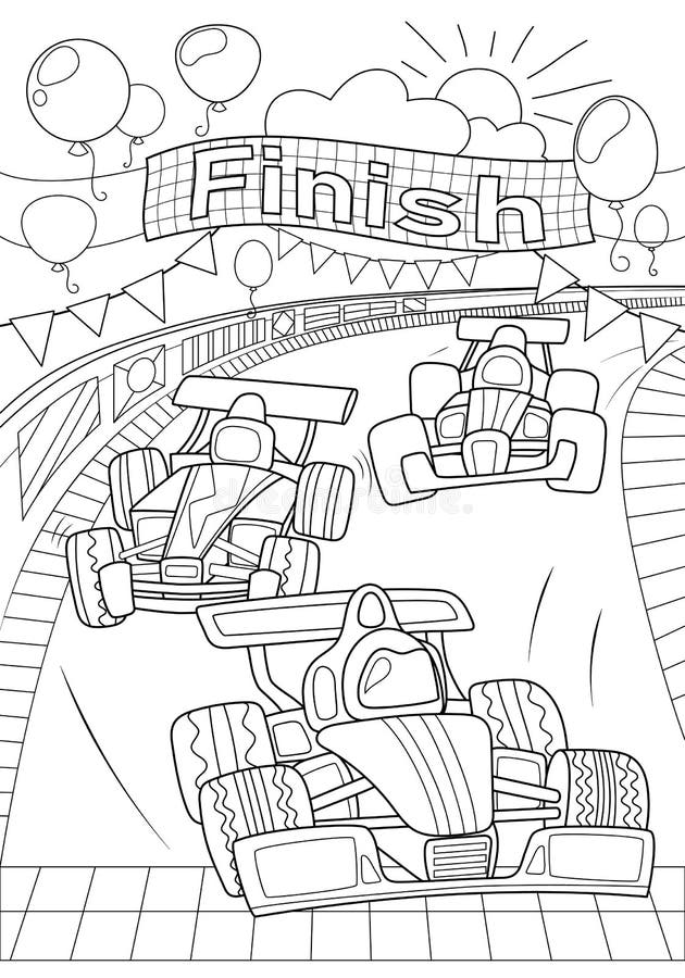 Car race coloring page. Formula 1 black line vector illustration on white background. Speed car on finish. Racing car