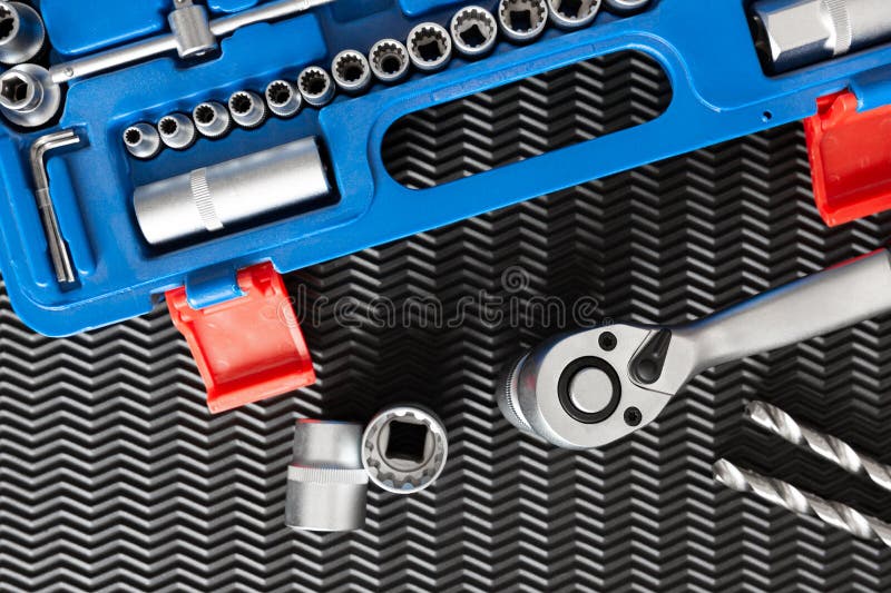 Car Repair Tools, Wrench Tool Set On A Blured Background Stock Photo