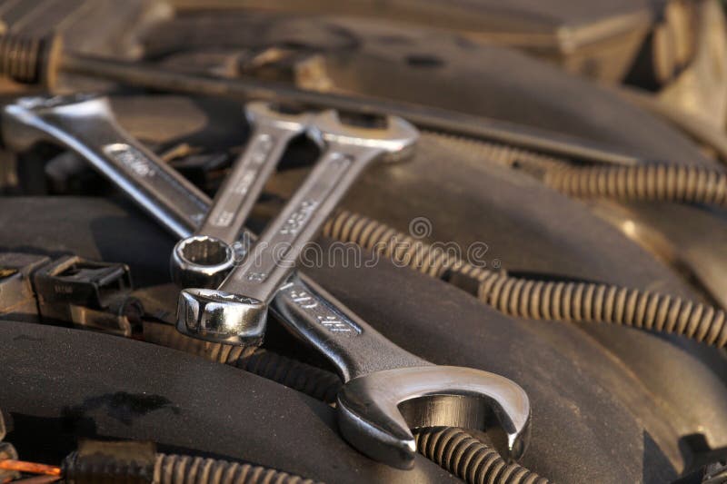 Car Repair Wrenches for Repair Lying in the Engine Compartment Stock Image Image of