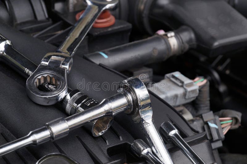 Car Repair Wrenches for Repair Lying in the Engine Compartment Stock Image Image of