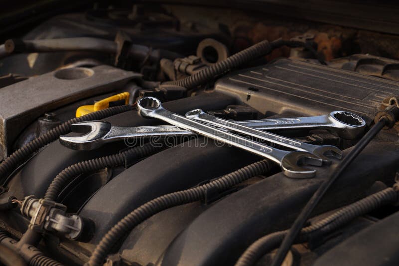 Car Repair Wrenches for Repair Lying in the Engine Compartment Stock Photo Image of