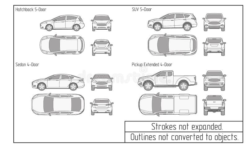 Car Sedan And Suv Drawing Outlines Not Converted To Objects Stock