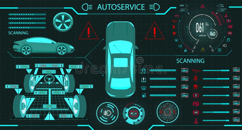 Car service. Diagnostic stand wheel alignment. Car digital car dashboard. Graphic display. illustration stock illustration