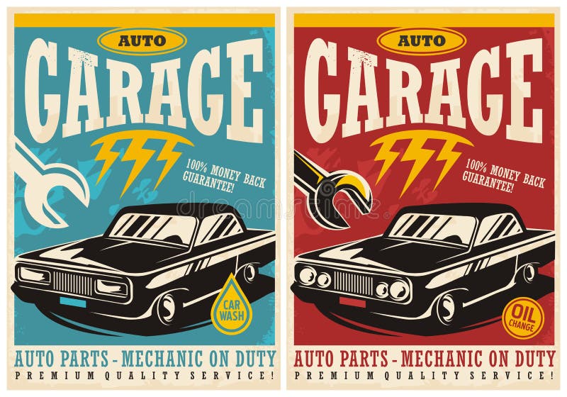 Car service and garage retro posters collection stock illustration Car service and garage retro posters collection stock illustration