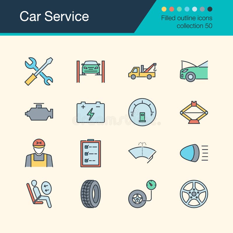 Car Service icons. Filled outline design collection 50. For pres vector illustration Car Service icons. Filled outline design collection 50. For pres vector illustration
