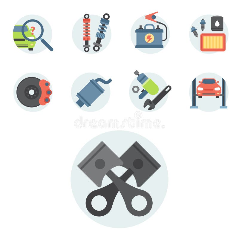 Car service parts flat vector illustration. Auto mechanic repair of machines and automobile equipment. Motor diagnostics vector illustration and technician transportation flat icons. Car service parts flat vector illustration. Auto mechanic repair of machines and automobile equipment. Motor diagnostics vector illustration and technician transportation flat icons.