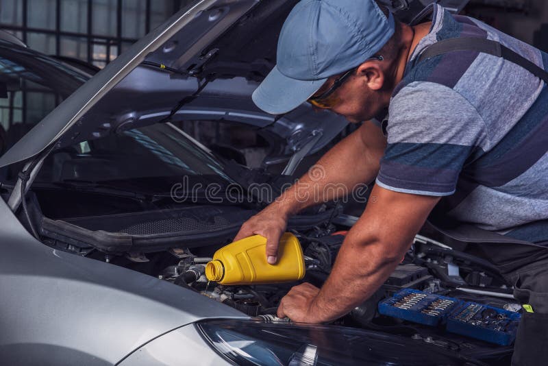Car Service Worker Diagnoses Car Breakdown Stock Photo Image of