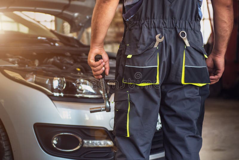 Car Service Worker Diagnoses Car Breakdown Stock Photo Image of