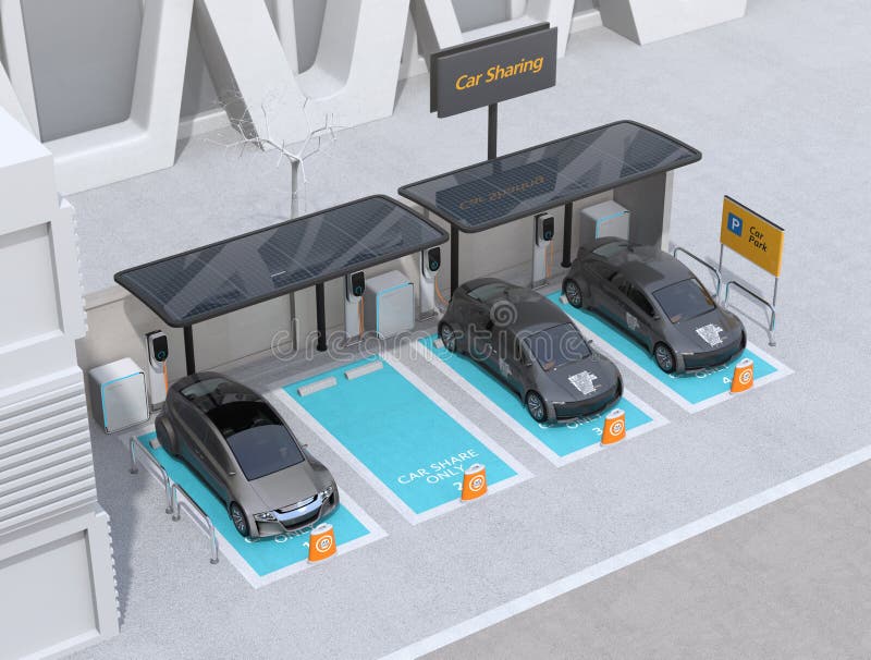 Car sharing parking lot equipped with solar panels, charging stations and batteries