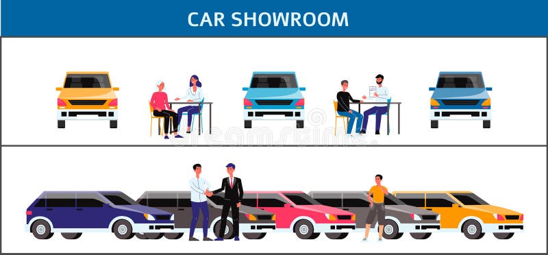 Car Showroom - Flat Cartoon Set of Cars and People in Automobile Dealership  Stock Vector - Illustration of dealership, exhibition: 187902821