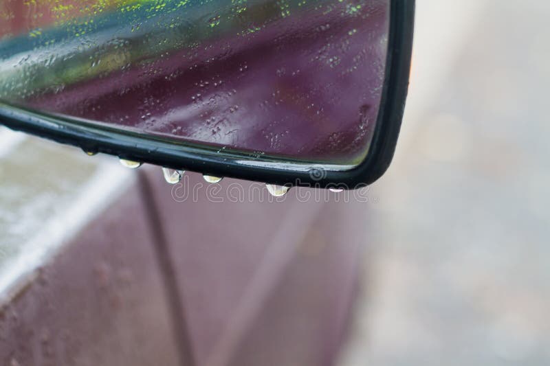 Car Side Mirror in the Rain in Water Drops Stock Photo Image of