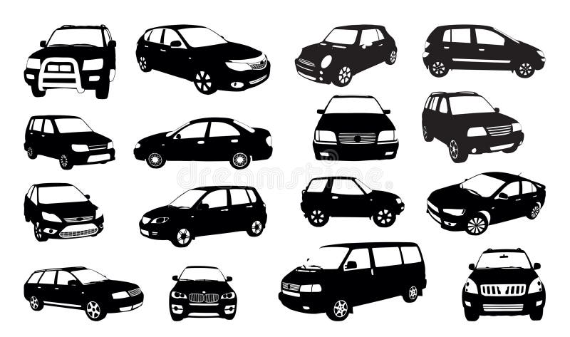 Auto, siluety izolovaných na bílém, vektorové ilustrace.