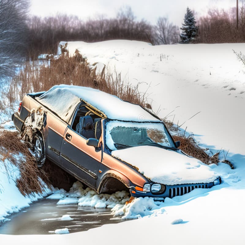 Car Slipped into a Ditch on a Snowy Winter Day. Generative AI Stock