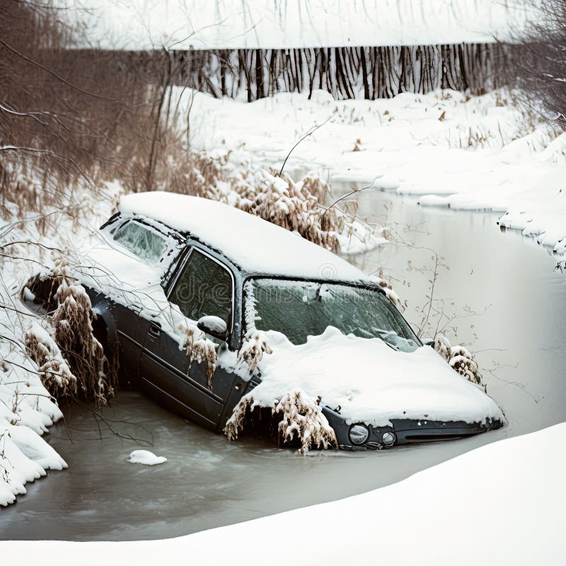 Car Slipped into a Ditch on a Snowy Winter Day. Generative AI Stock