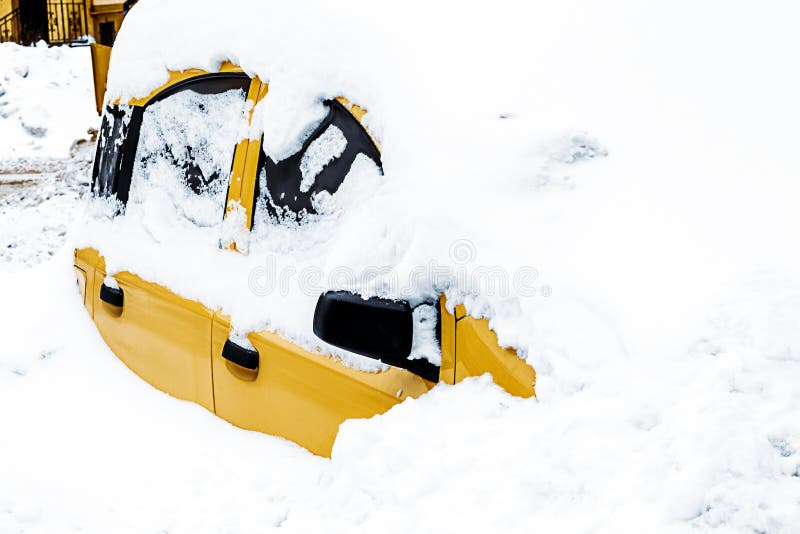 Car after Snow Storm Blizzard, Snowcovered Car during a Winter