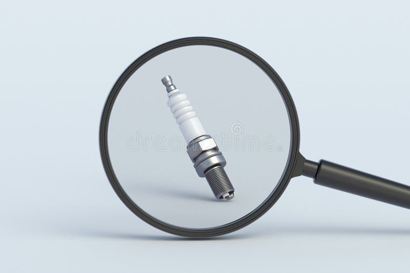 Car Spark Plug Behind Magnifying Glass Stock Illustration