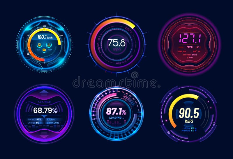 Car Speedometer Gauges, Neon Light Panel Dials Stock Illustration