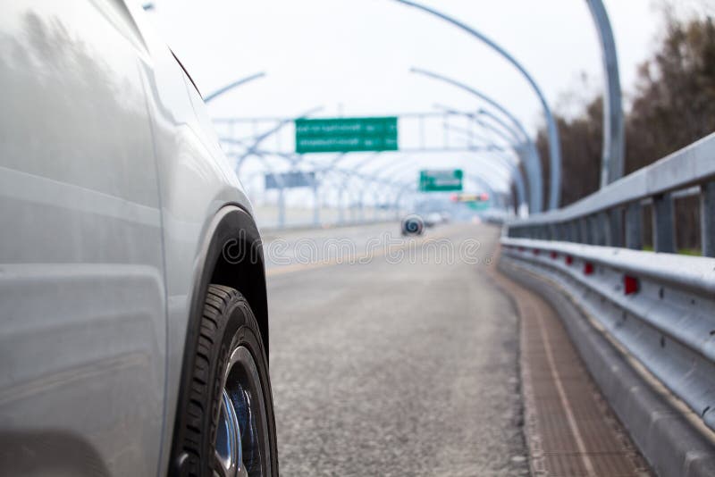 Car stand on wayside with side road view stock photos Car stand on wayside with side road view stock photos