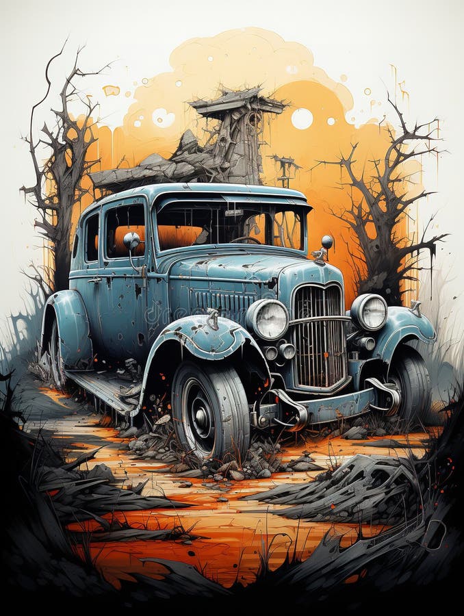 A Car in the Style of Gritty Horror Comics Generative AI Stock Illustration Illustration of