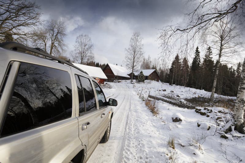 Car, suv, driving on snowy road