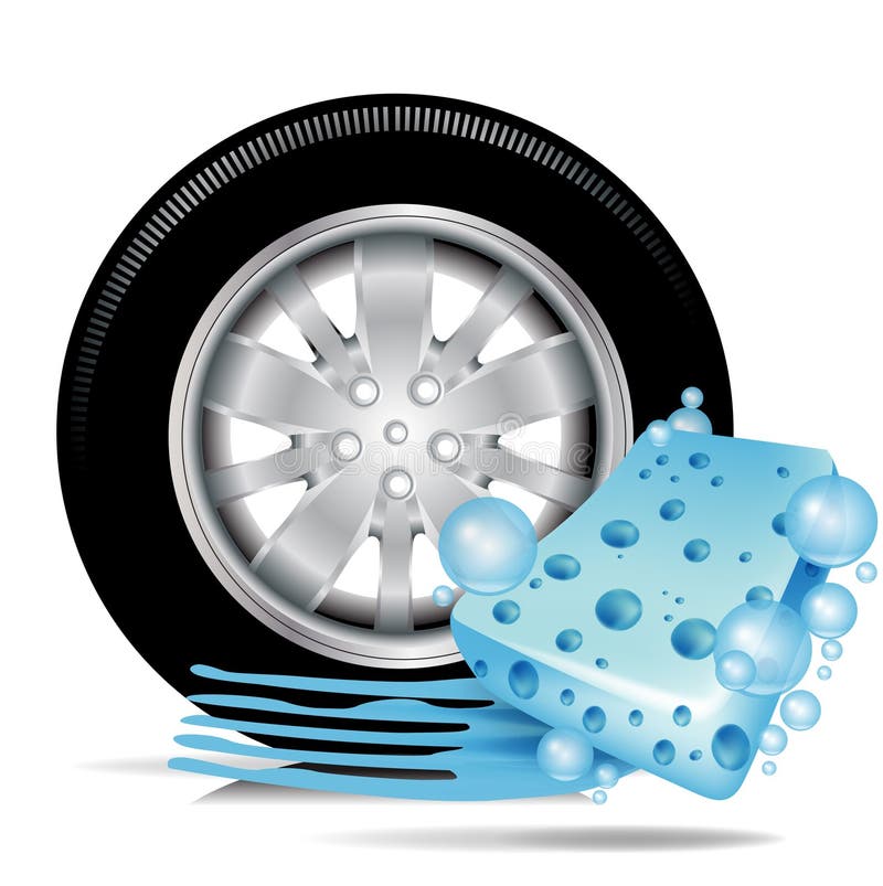Car tire with blue sponge and water trace; car wash concept