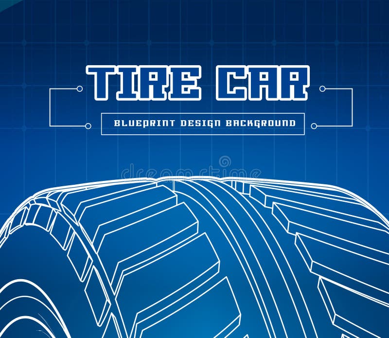 Car Tire with Tire Marks on a Blue Background. Vector Blueprint