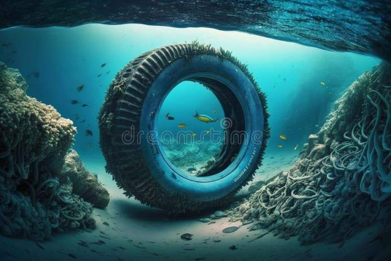Car Tire Under the Sea Pollution Illustration, Ocean Plastic Ecology
