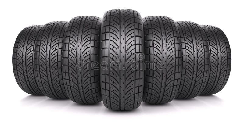 Car tires in row isolated on white background 3d. Stack vehicle illustrations