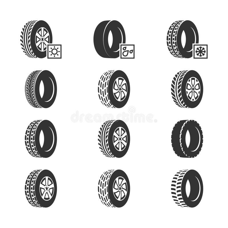 Car tires, wheel disk auto service vector icons