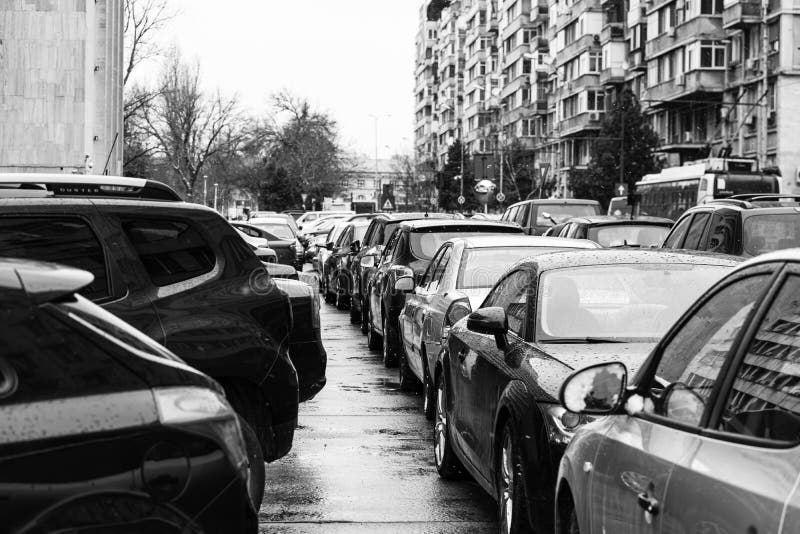 Car Traffic, Pollution, Traffic Jam City Downtown Bucharest, Romania