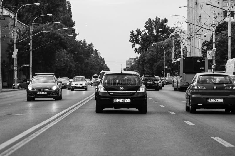 Car Traffic, Pollution, Traffic Jam City Downtown Bucharest, Romania