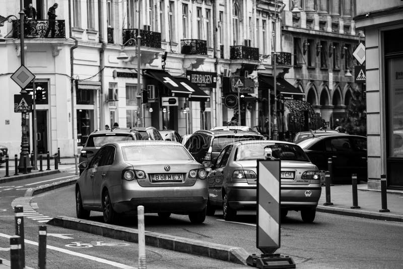 Car Traffic, Pollution, Traffic Jam City Downtown Bucharest, Romania