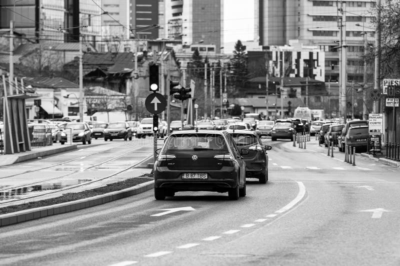 Car Traffic, Pollution, Traffic Jam City Downtown Bucharest, Romania
