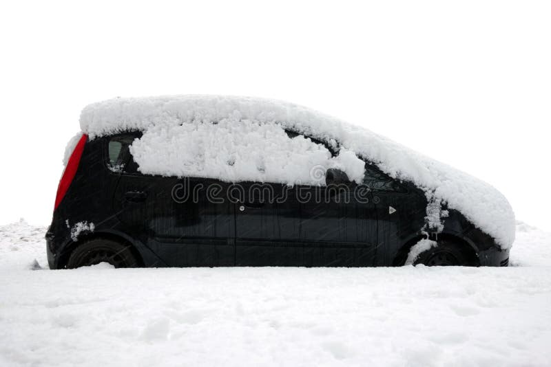 Car Under Thick Blanket of Snow after Storm Isolated on White