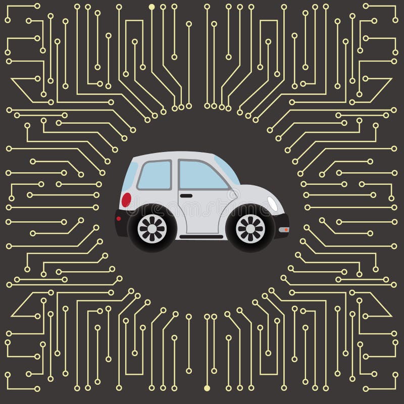 Car Vehicle with Circuit Board Over Black Background. Stock Vector