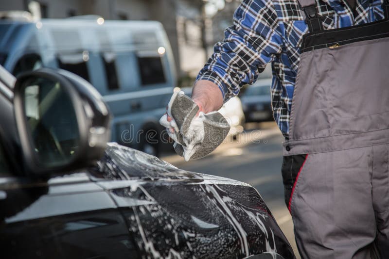 Car Wash with Sponge and Foam on the Road Stock Photo Image of