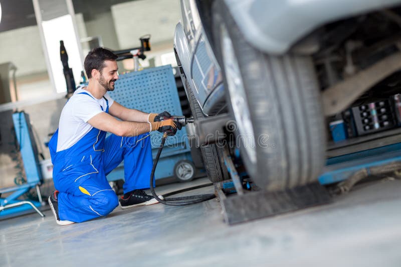 Car Wheel Change by Mechanic Stock Image Image of tool, blue 60302333