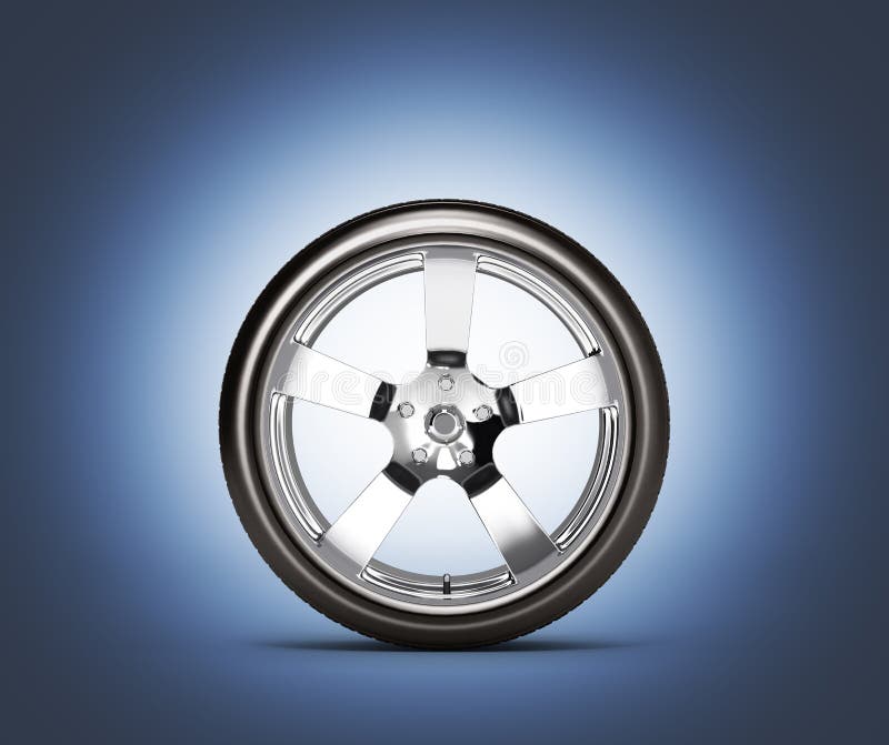 Car Wheel Side View Isolated on Dark Blue Background 3d without Shadow