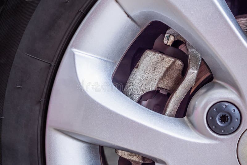 Car wheels with disc brake stock photo. Image of stop 153960720