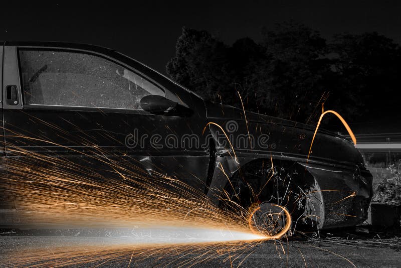 Car wheels with sparks stock photo. Image of wheel, sparks 93295718
